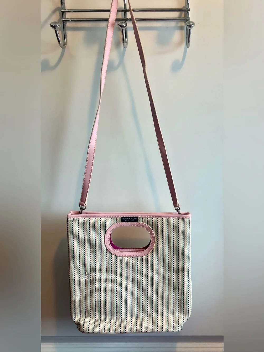 Kate Spade New York Jenna Straw Tote with Detachable Strap colorful pink tweed